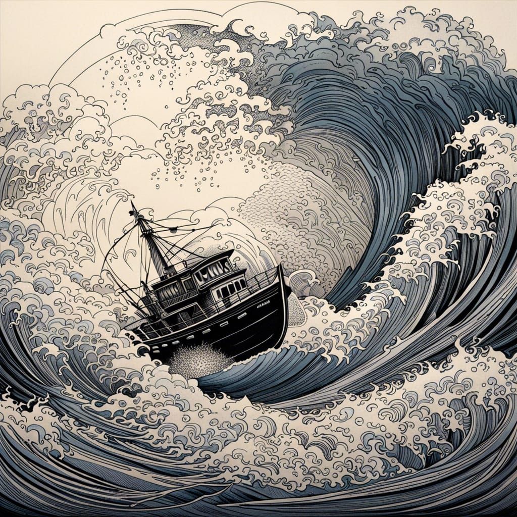 Small Boat in Stormy Seas: Ink Lineart