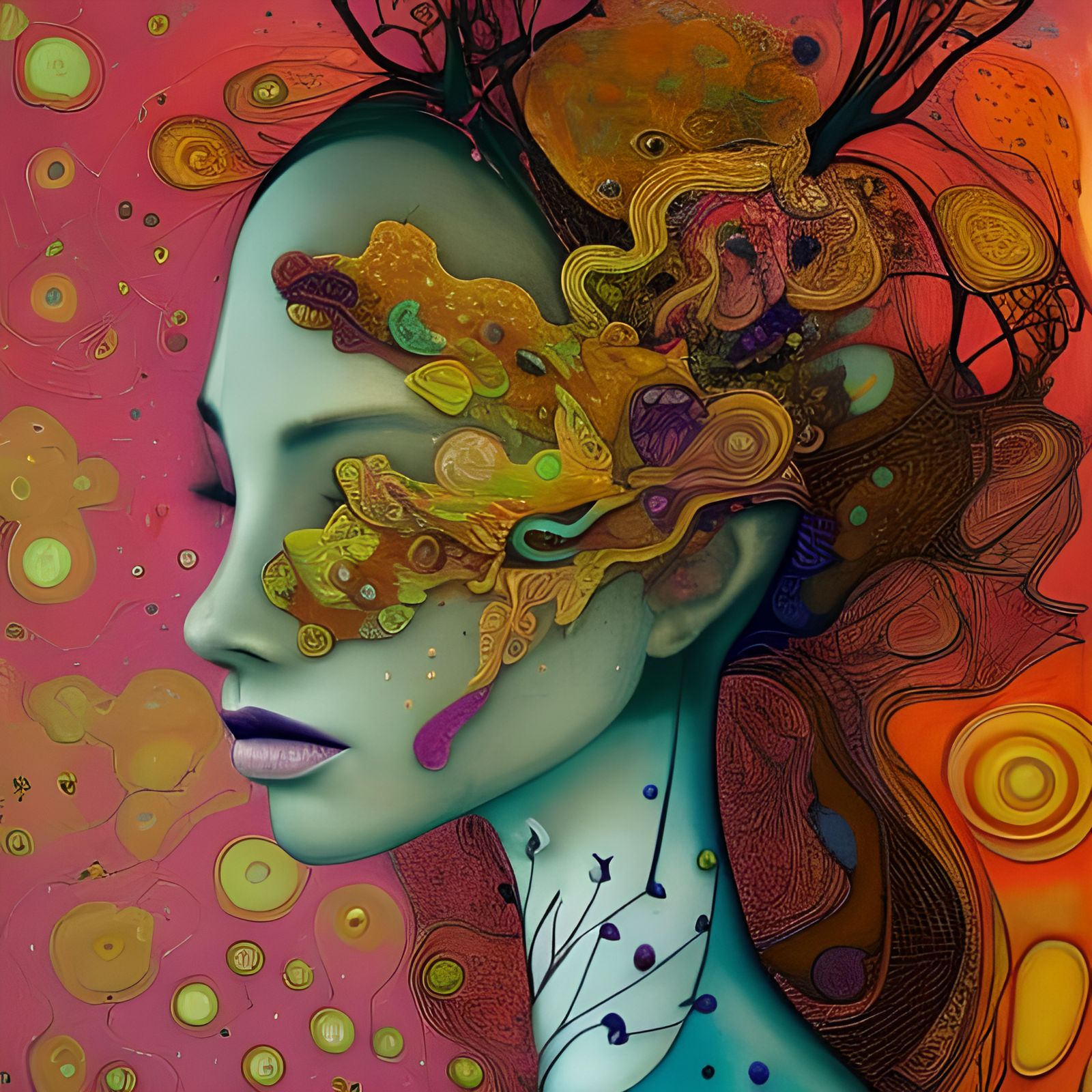 Intricate Asian Woman Portrait in Textile Art Style