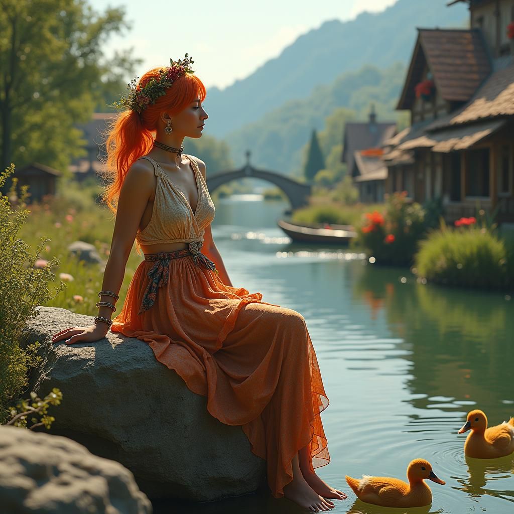 Boho Woman by River in Matte Painting Style