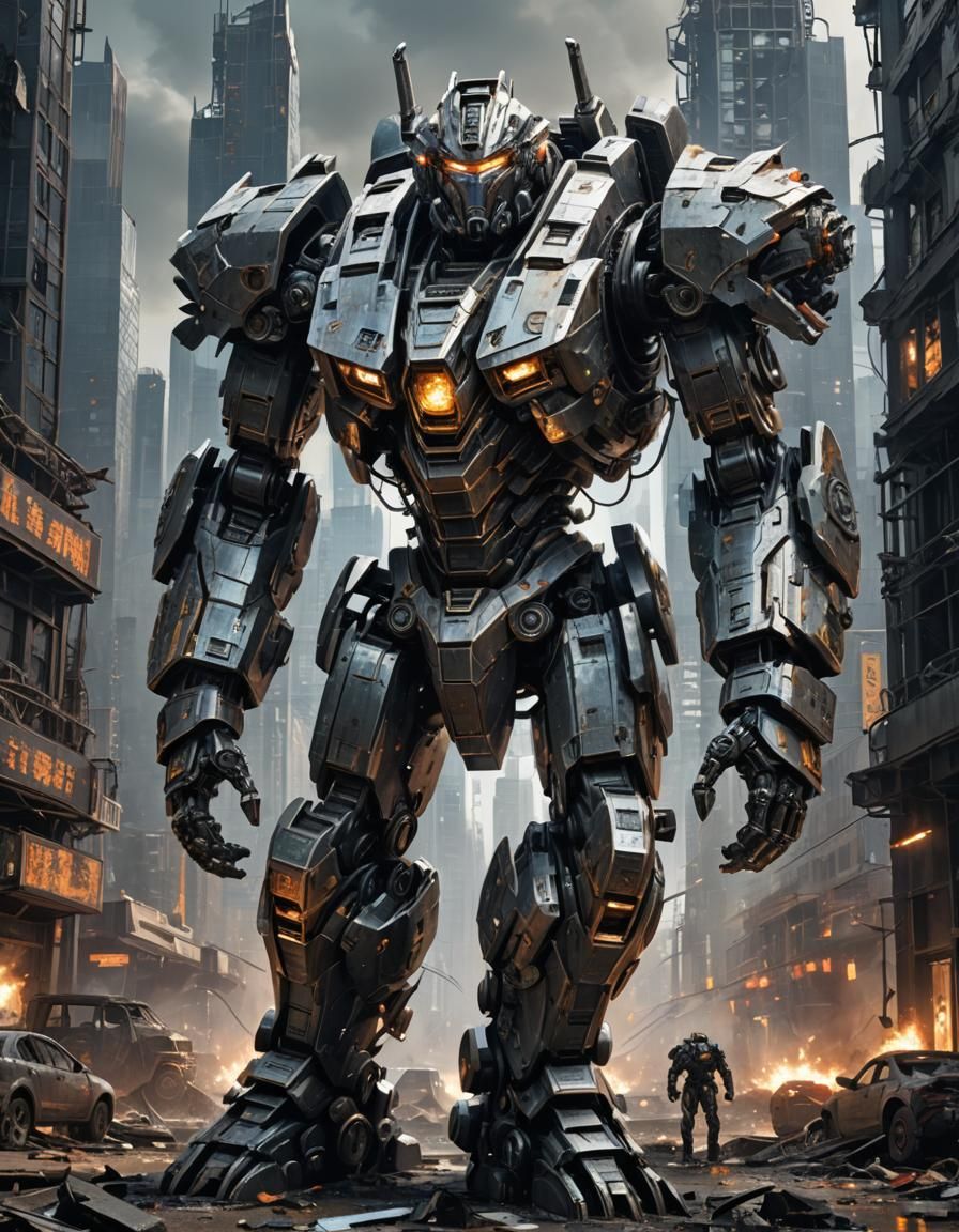 Mech Warrior Awakening in Ruined Cityscape