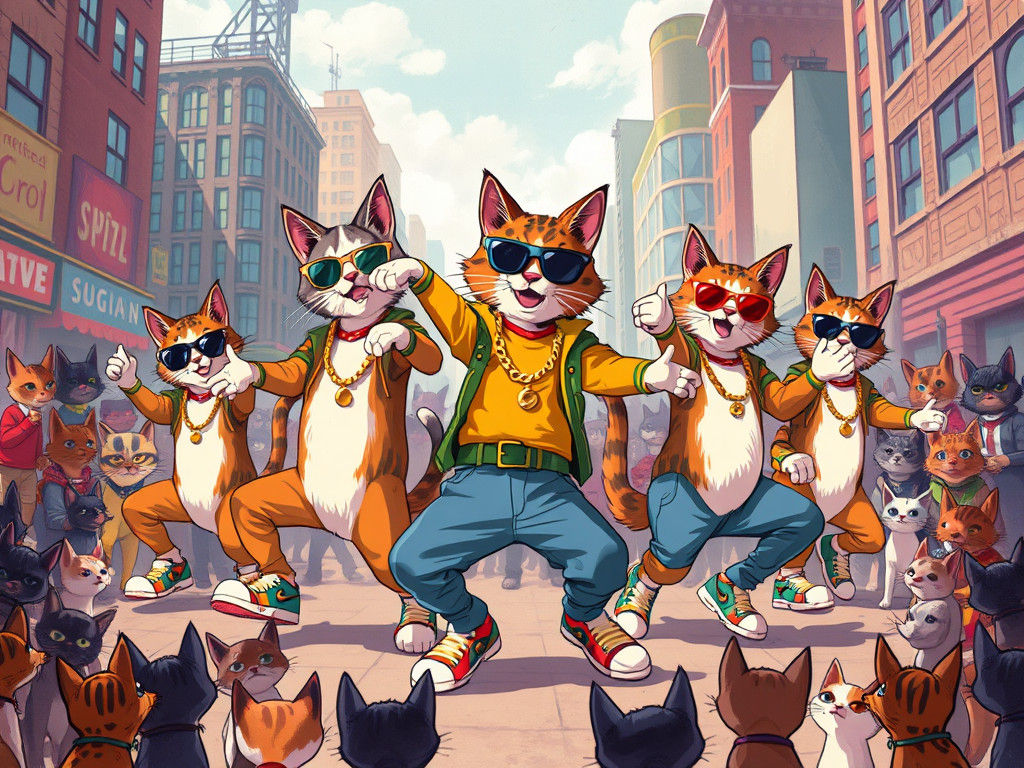 Whimsical Cats Breakdancing in a Dreamlike Cityscape