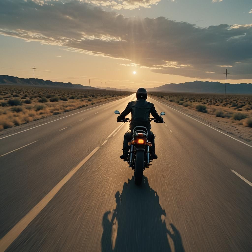 Motorcycle Rider at Sunset in Cinematic Style