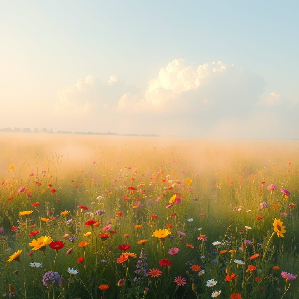 Misty atmospheric scene of summer flower measow gentle breezes and fluffy clouds ahead