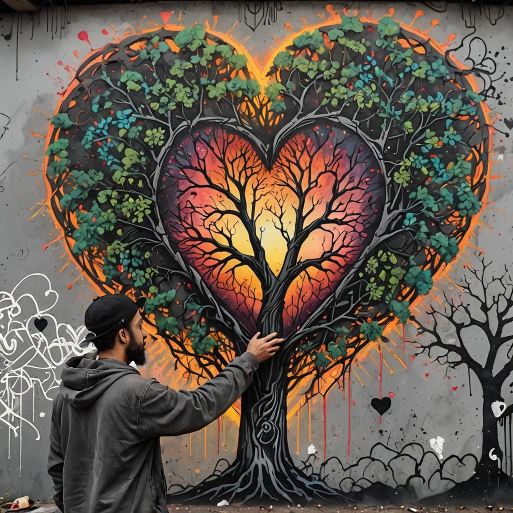Graffiti Artist Paints Heart Tree in Cyberpunk Style