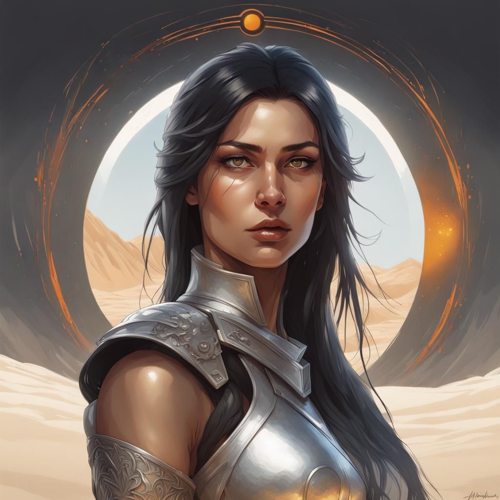 Armored Woman in Desert, Hyperdetailed Concept Art