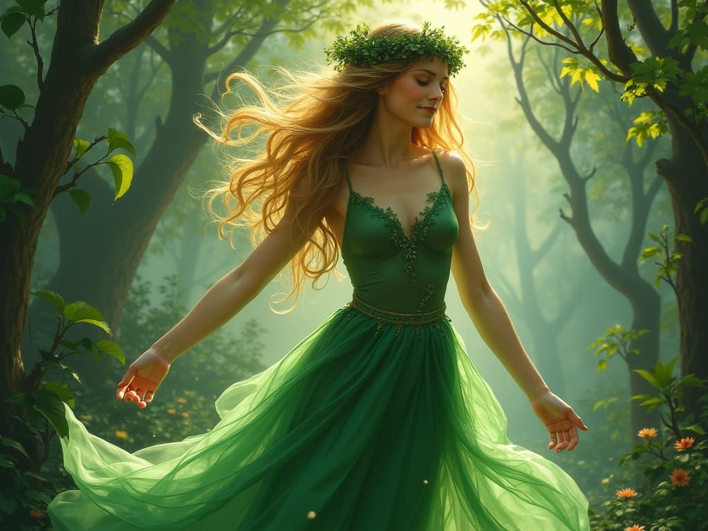 Ethereal Forest Nymph Dancing in Sun-Dappled Glade