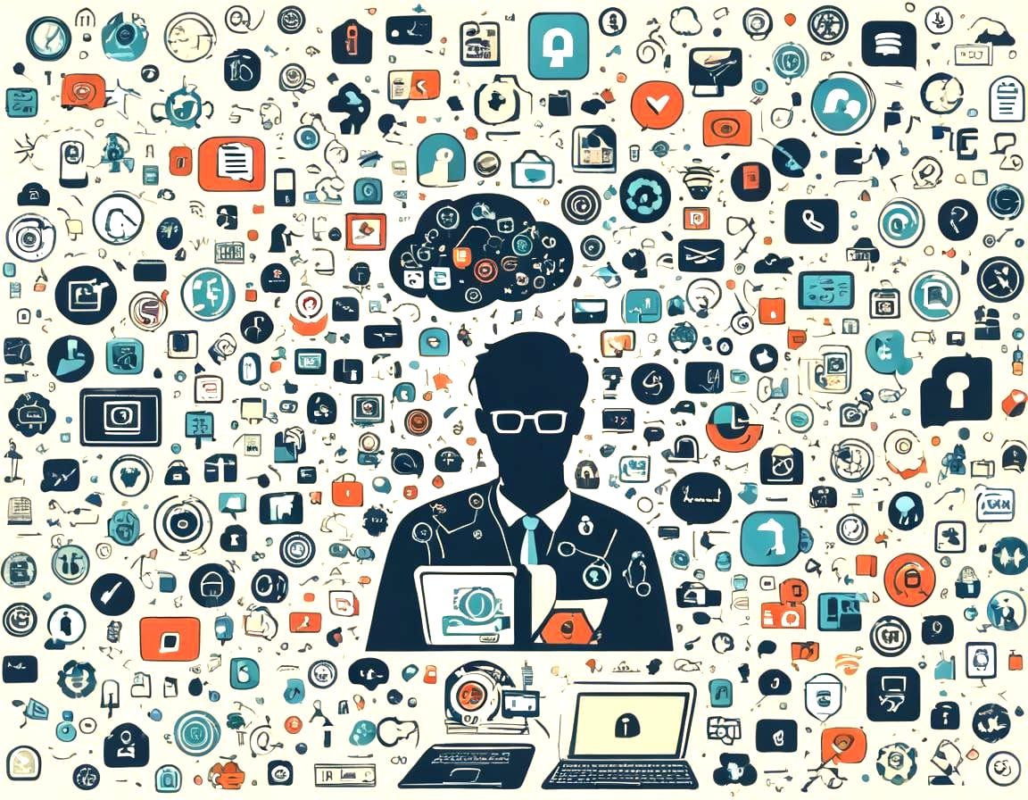 Stressed User Surrounded by App Icons in Sci-Fi Style