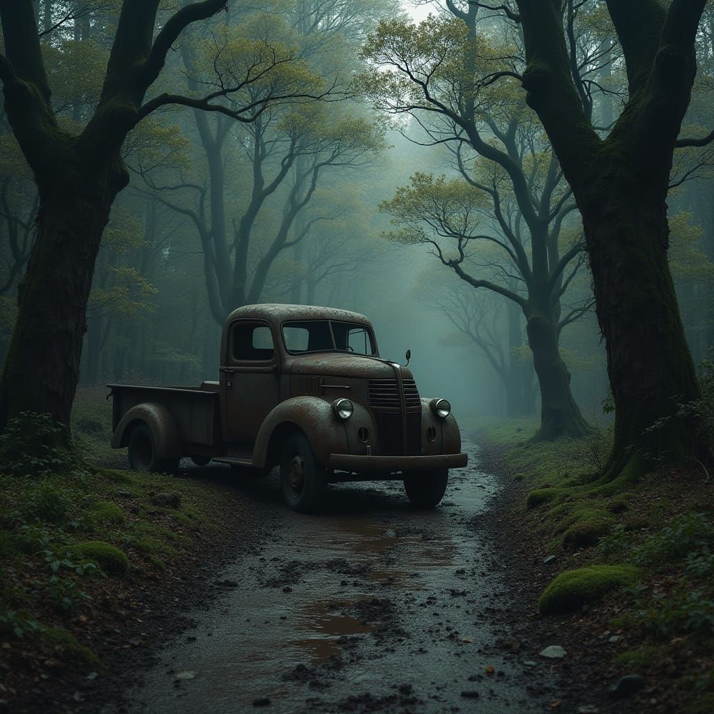 Old Truck Stranded in Dark Dystopian Forest