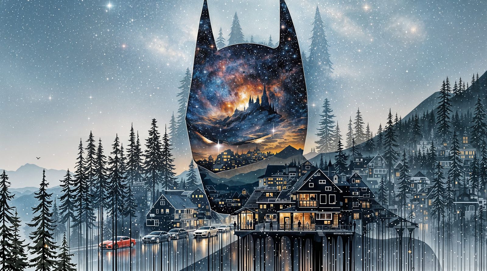 Batman Amidst a Celestial Norwegian Fjord Landscape