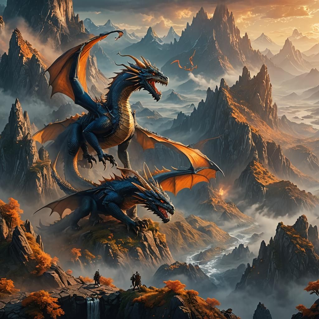 Dragons Soaring Over Misty Mountains: Digital Matte Painting