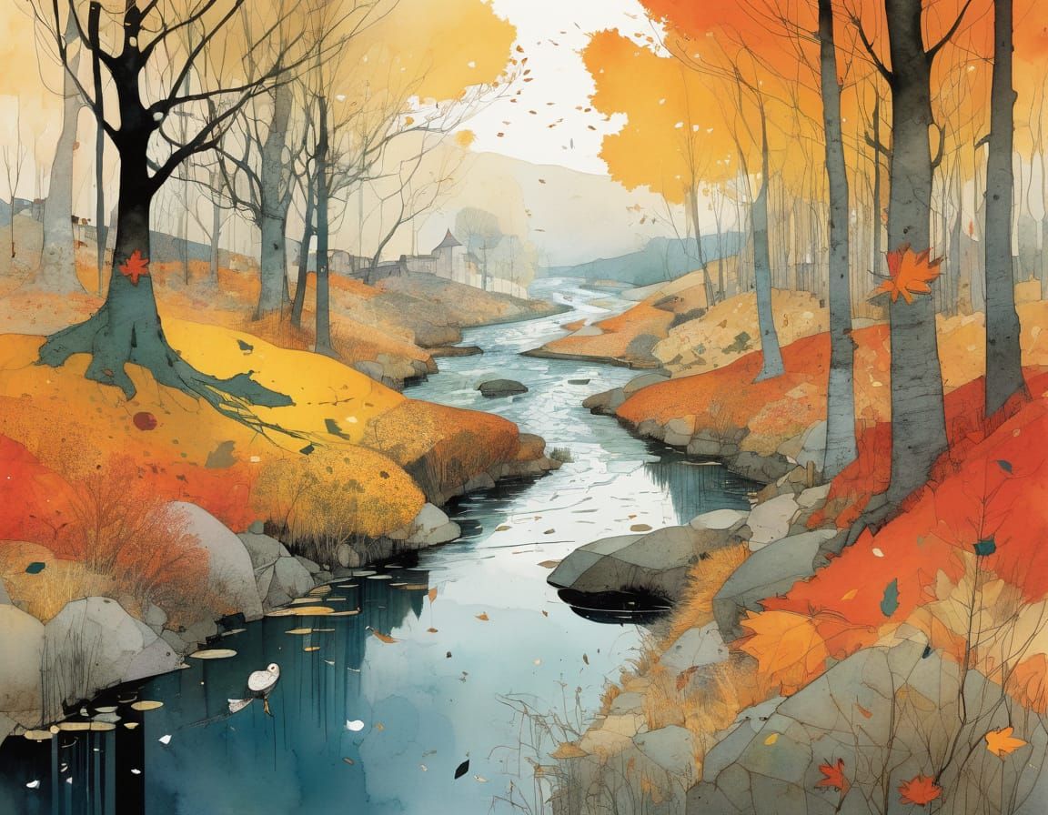 Autumn River Landscape in Illustrative Style