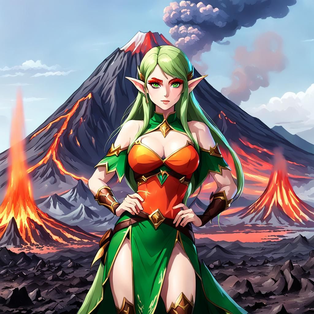 Elf girl Infront of a volcano
