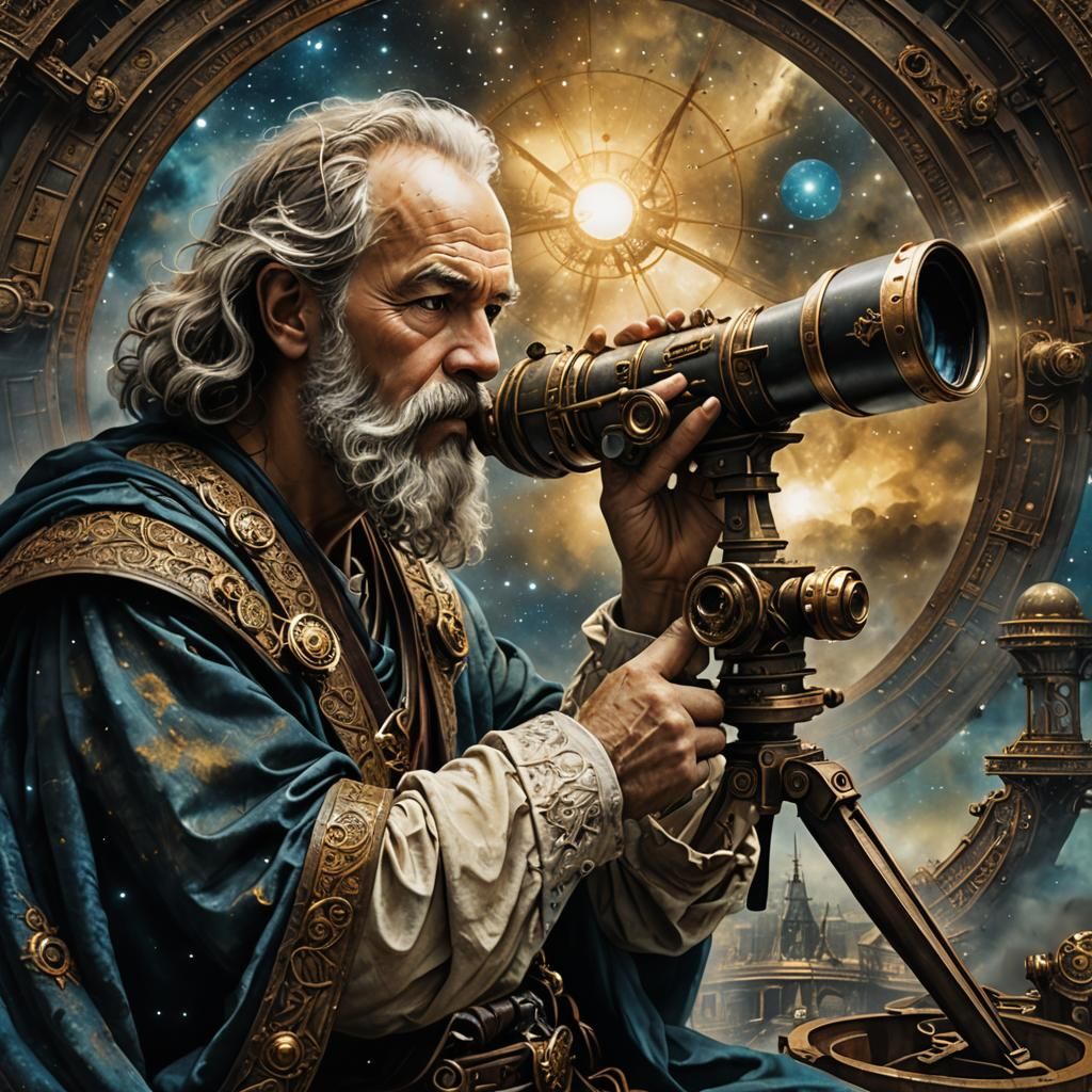 Socrates Observes Pleiades Through Steampunk Telescope