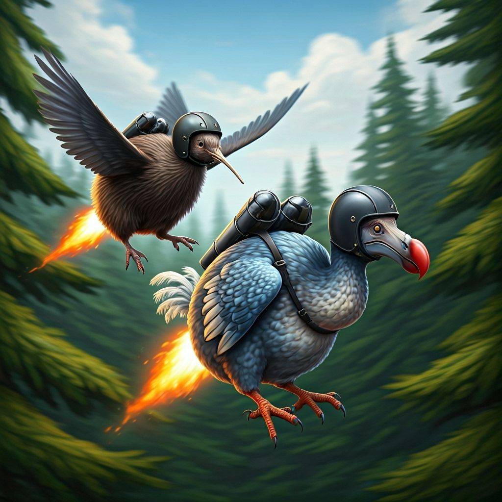 Dodo and Kiwi Birds Soar with Jetpacks Over Forest