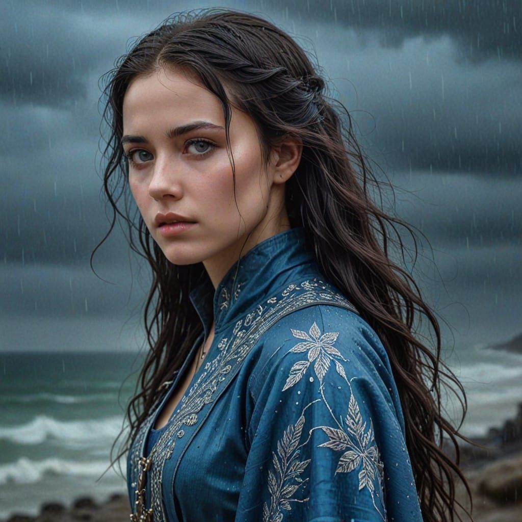 Serene Medieval Maiden in the Rain