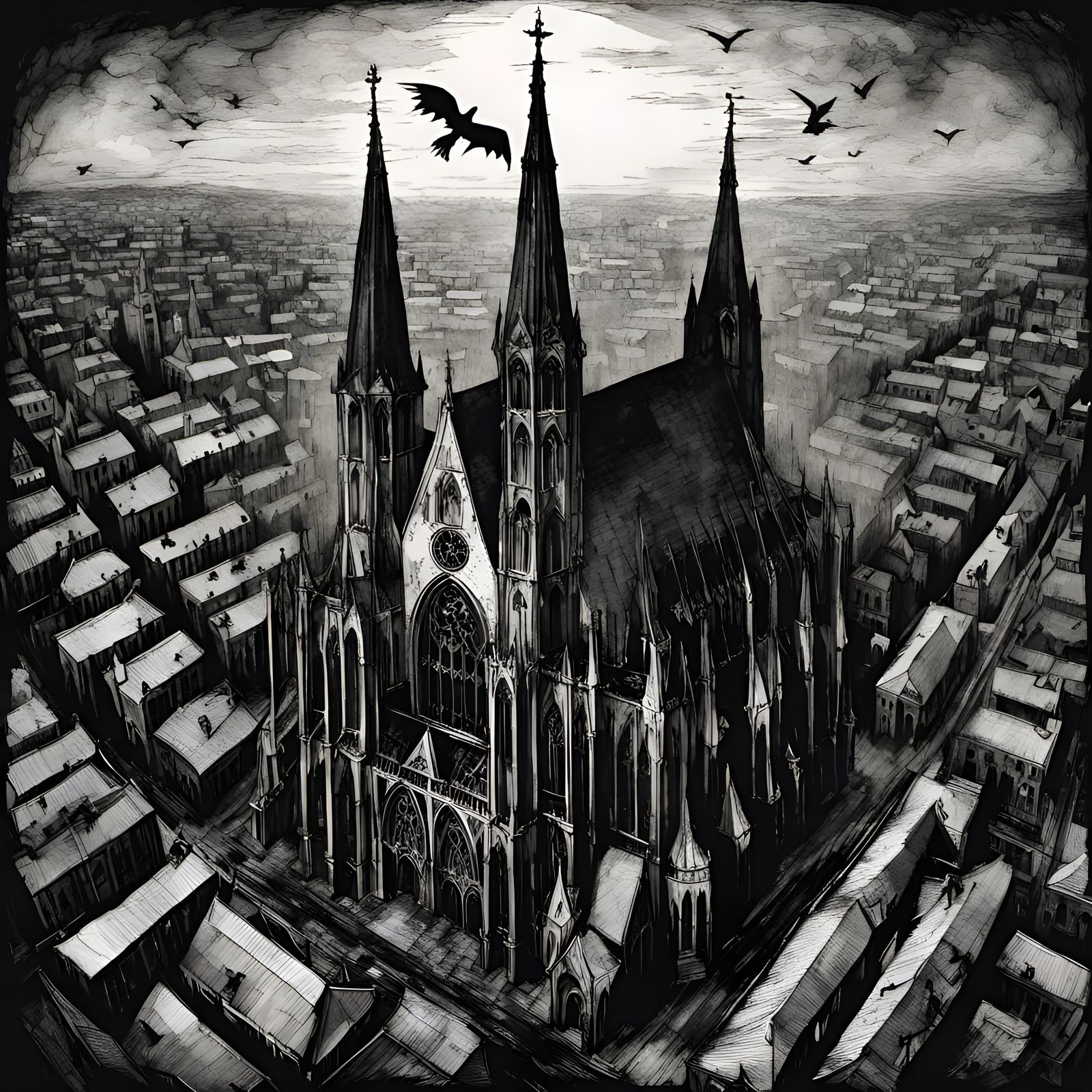 Gothic Cathedral: Intricate Ink Drawing in Monochrome