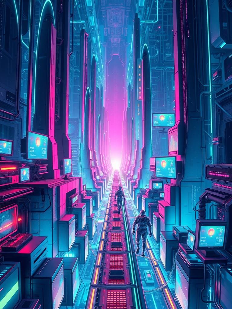 Futuristic Computer Labyrinth with Technicians in Cyberpunk ...
