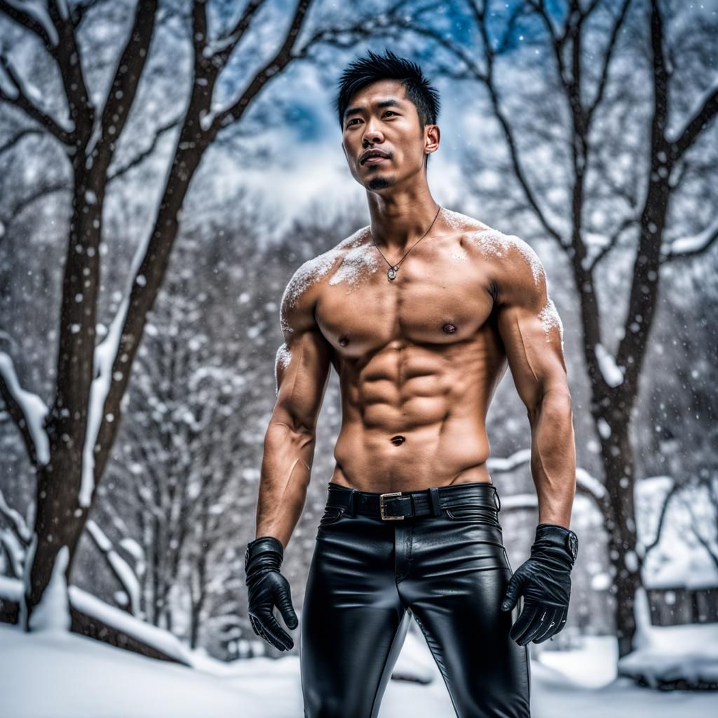 Shirtless Man in Leather Pants Standing in Snow