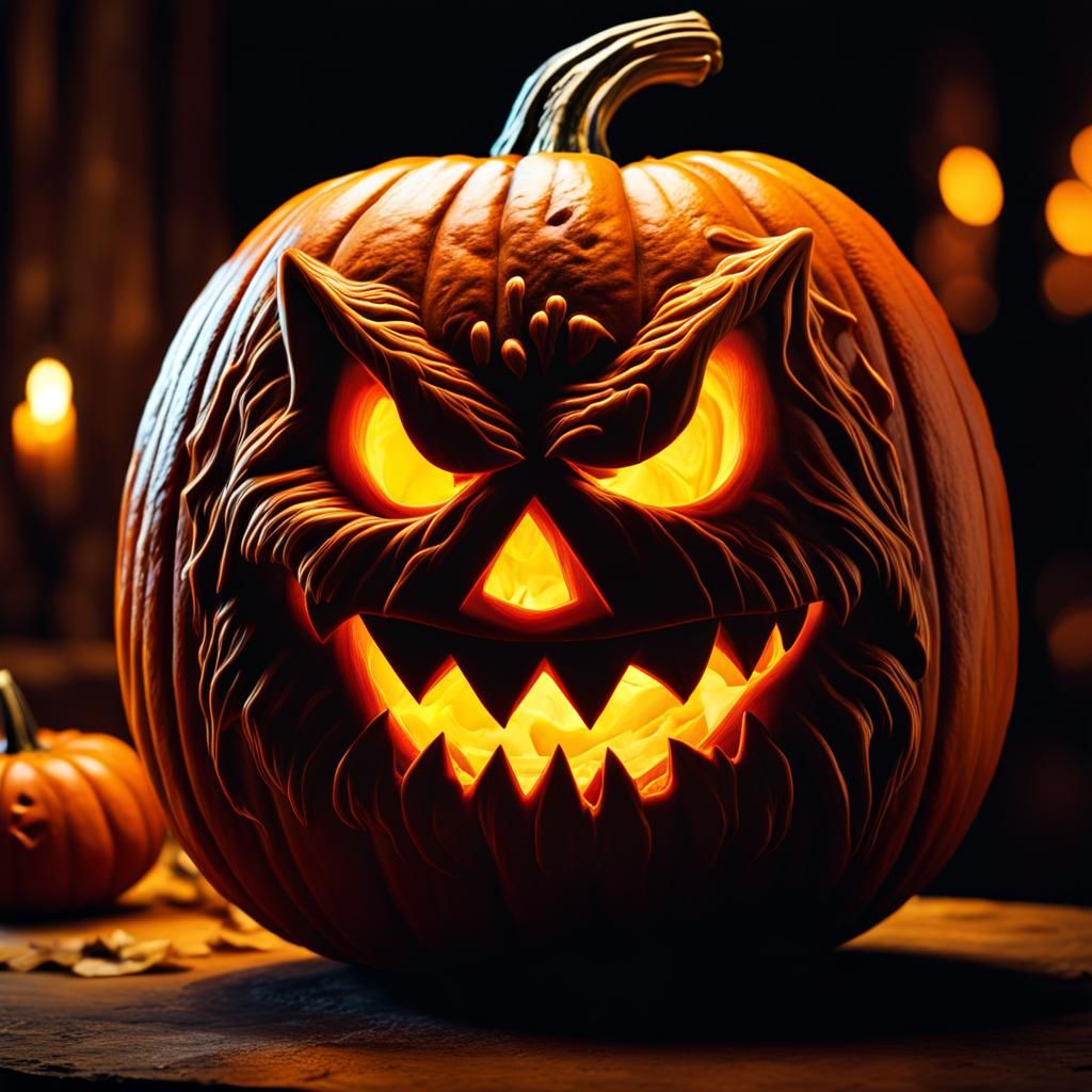 Hyperrealistic Halloween Jack-o'-Lantern with Monster Face