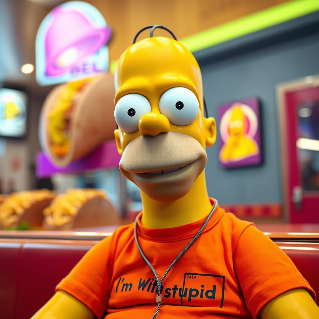 Vibrant Homer Simpson in Taco Bell, Smiling with Charisma