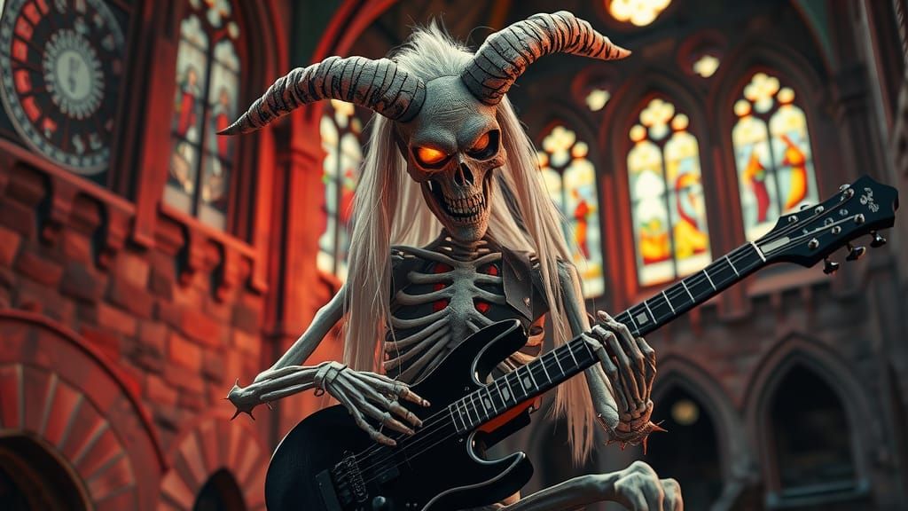 Demonic Skeleton Guitarist in Ruined Church