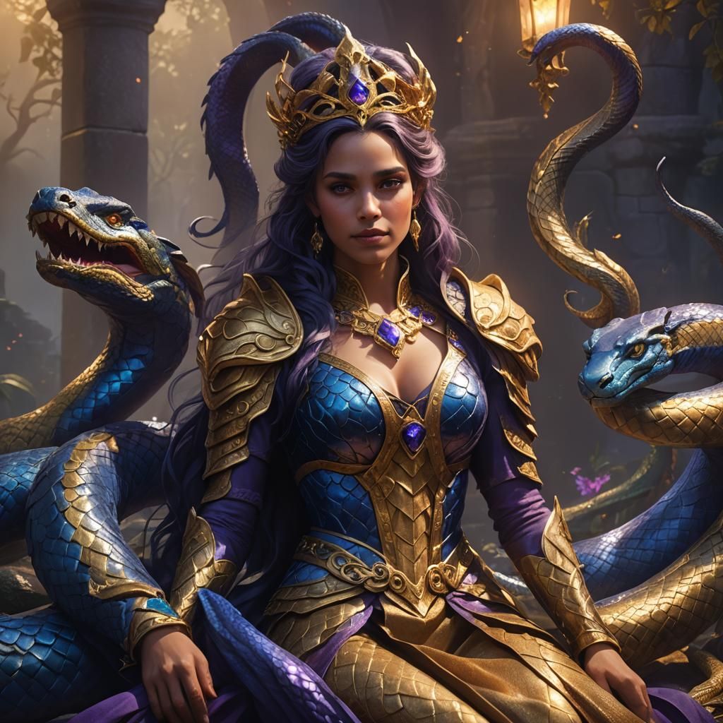 Regal Diane Entwined by Serpent in Dark Fantasy Art