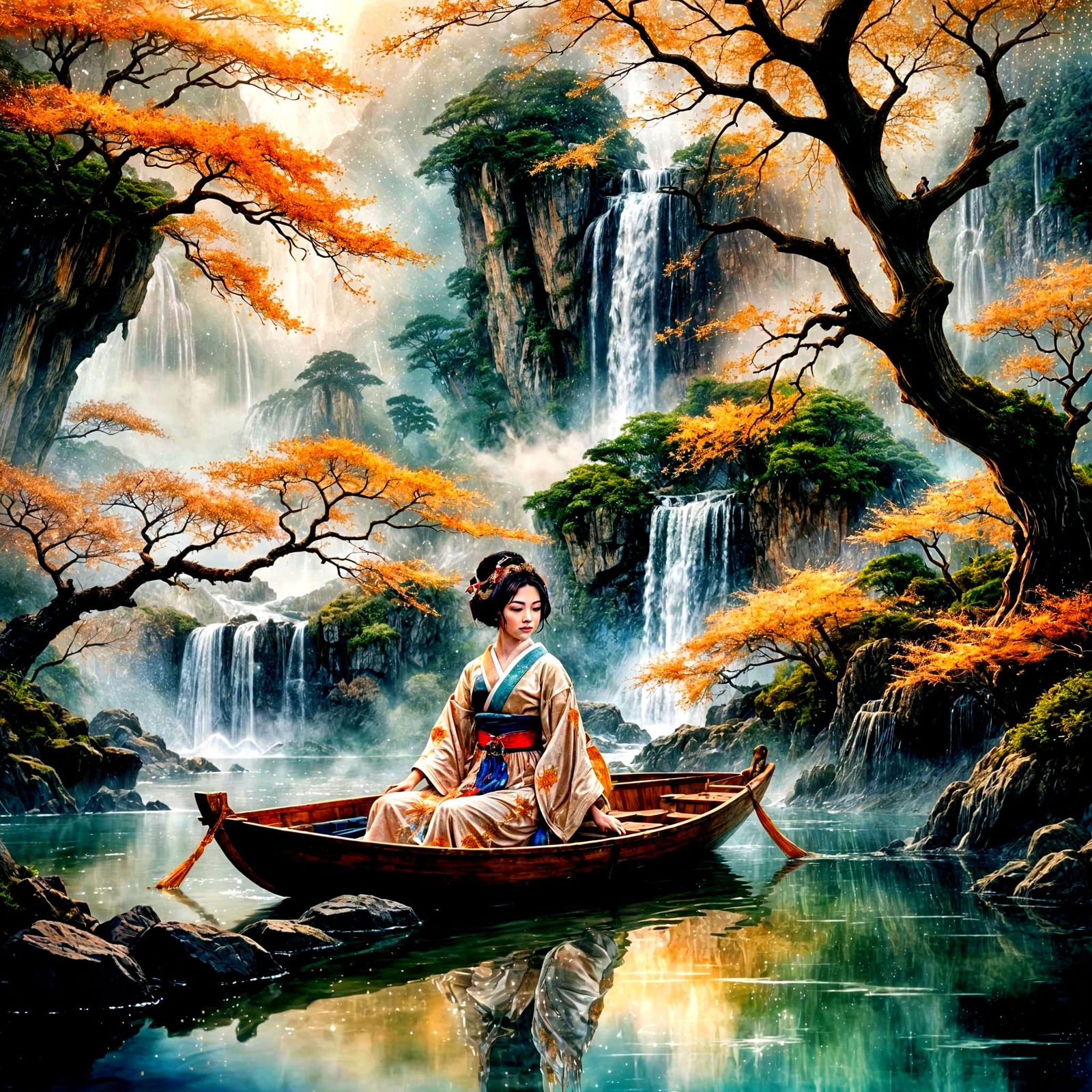 Fantasy Geisha on Waterfall Boat in Dark Realm