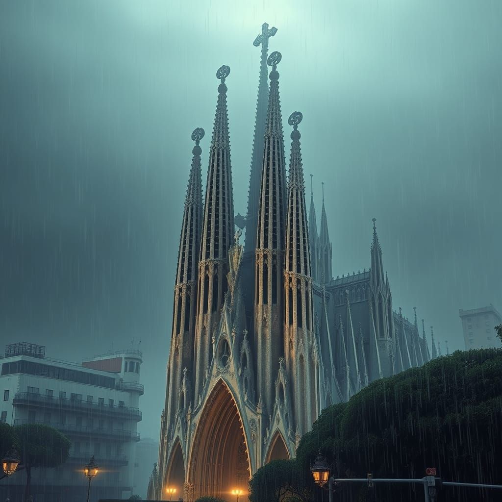 Misty Sagrada Família in Rainy Barcelona