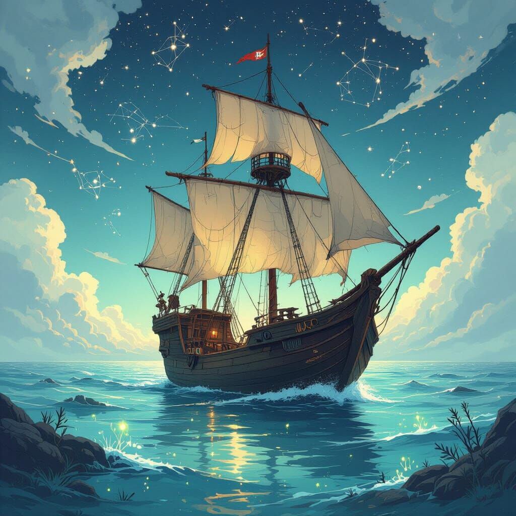 Ancient Ship on Ethereal Sea Under Constellation Sky