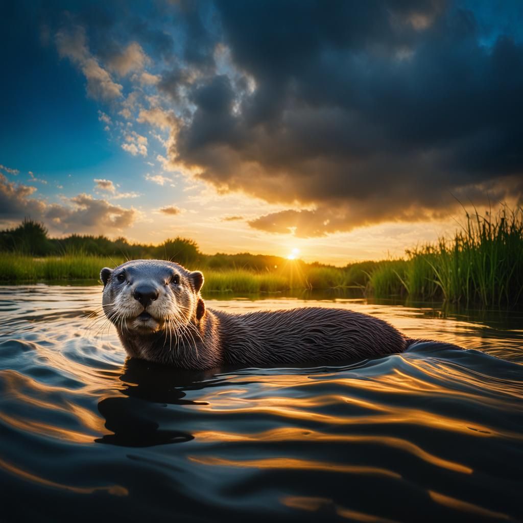 Otter Swimming in River at Sunrise