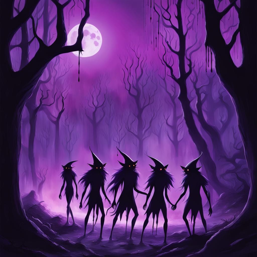 Eerie Elves in a Purple Mist Forest