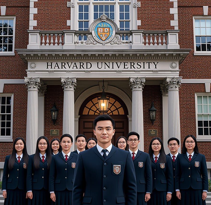 A glorious illustration of Harvard University with closeup Chinese students front facing camera view standing in front o...