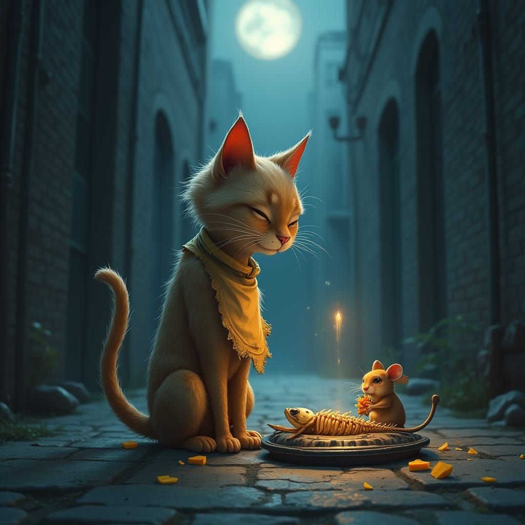 Whimsical Alley Cat Prayers in Cyberpunk Style