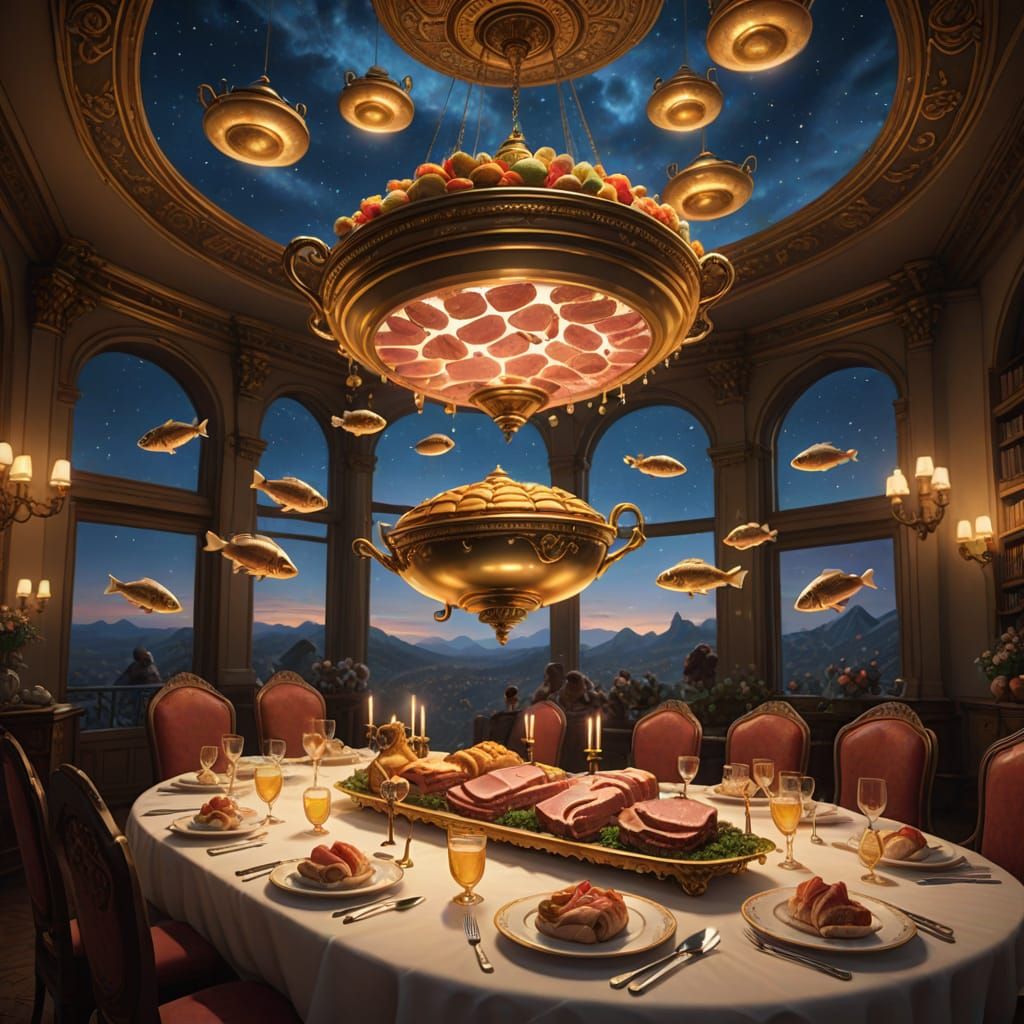 Surreal Banquet Floating in Ethereal Sky with Hovering Dishe...
