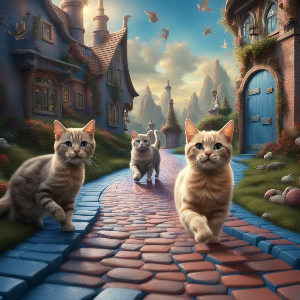 Felines Stroll Down Whimsical Brick Road
