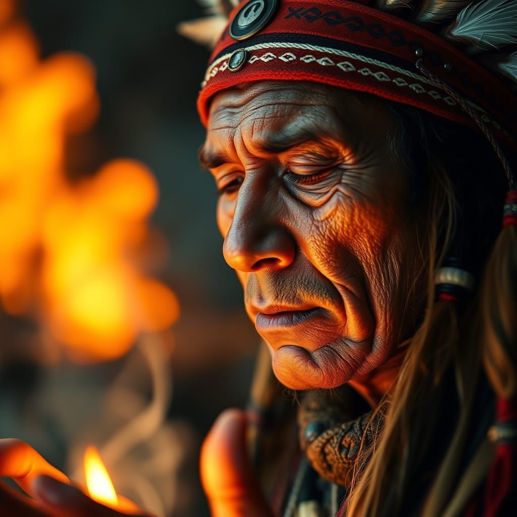 A Native American shaman dances around a blazing fire