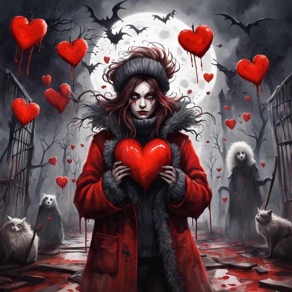 Spooky Halloween Scene With Furry Heart Family