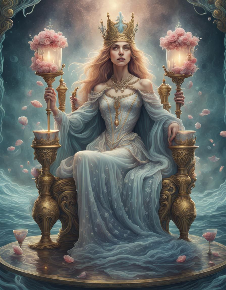 Enchanting Queen of Cups Tarot Card in Pastel Colors