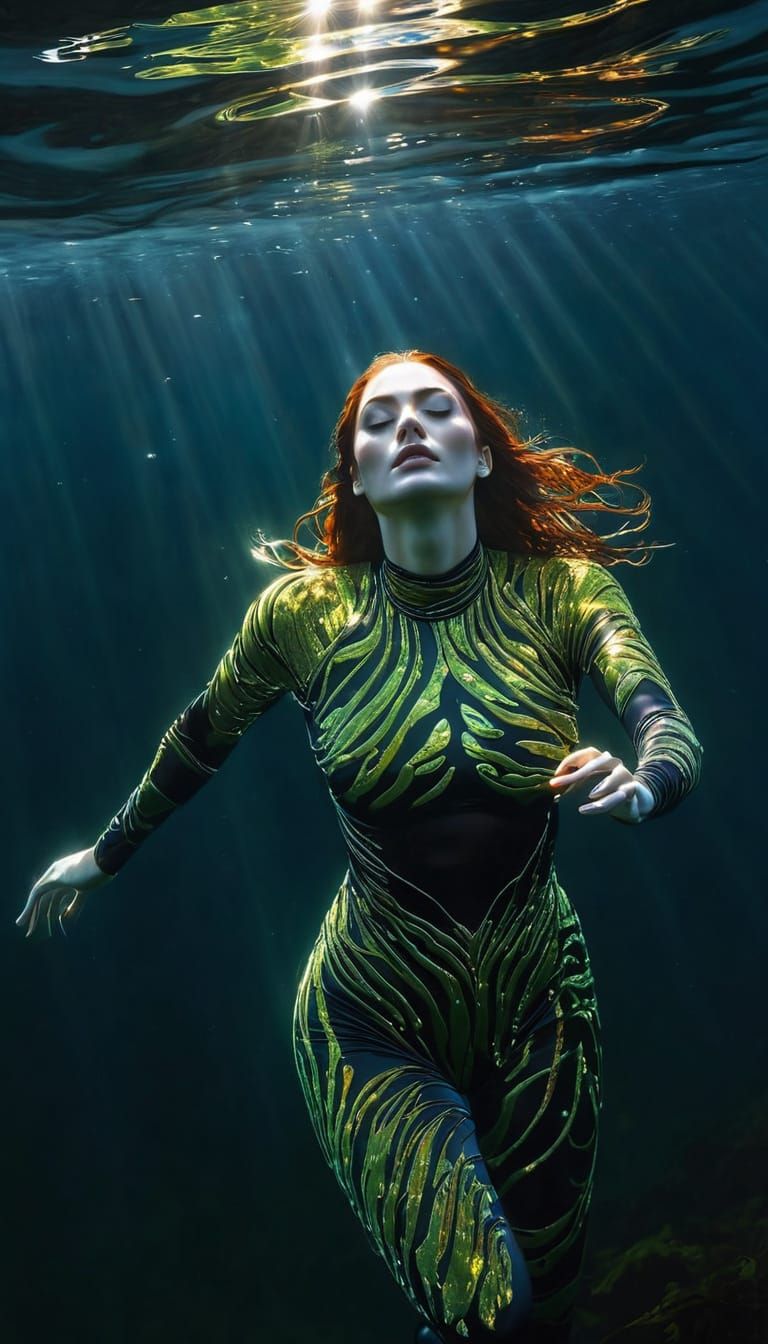 Ethereal Bioluminescent Mermaid Descends into Dark Depths