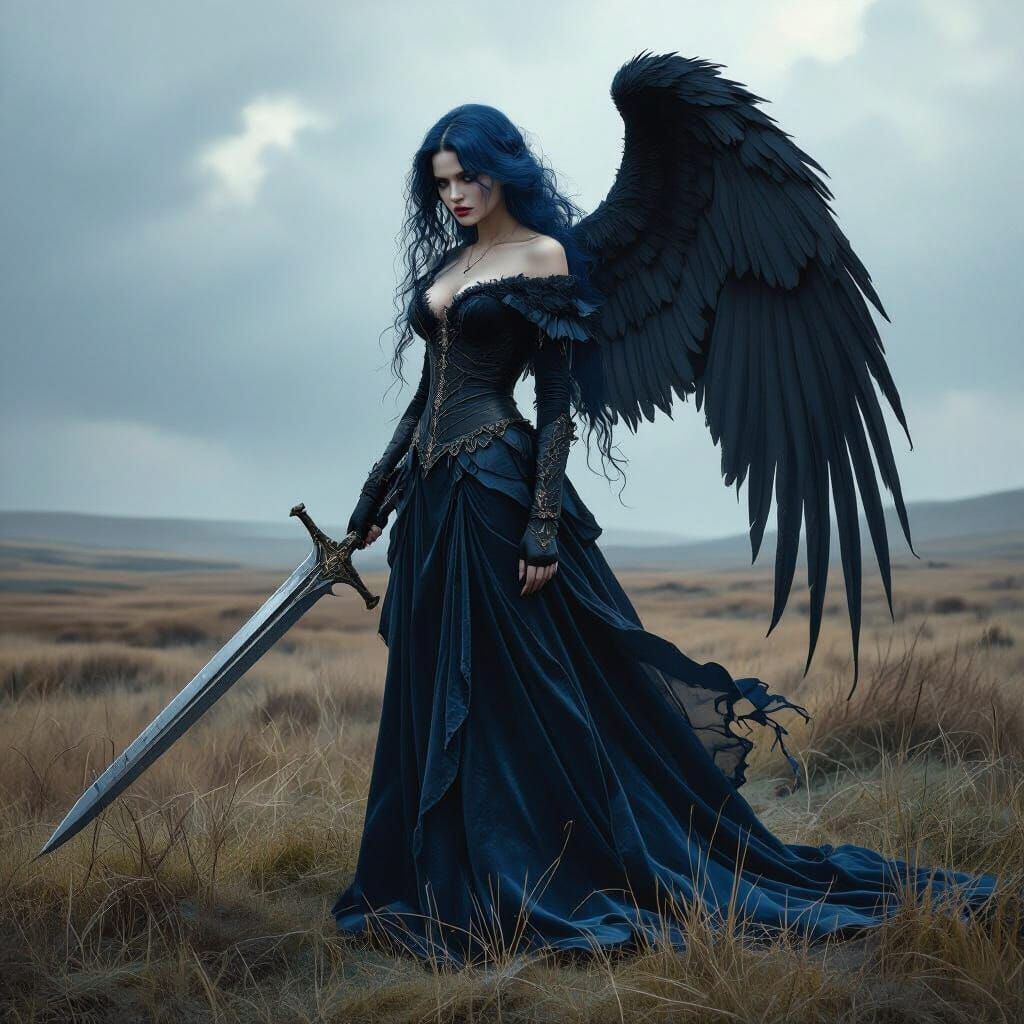 Gothic Valkyrie with Raven Wings in Desolate Moor