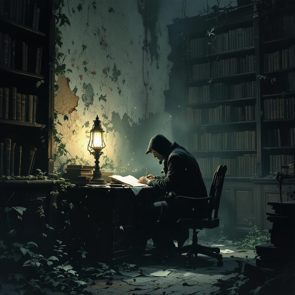 Writer in Decaying Library by Gas Lamp