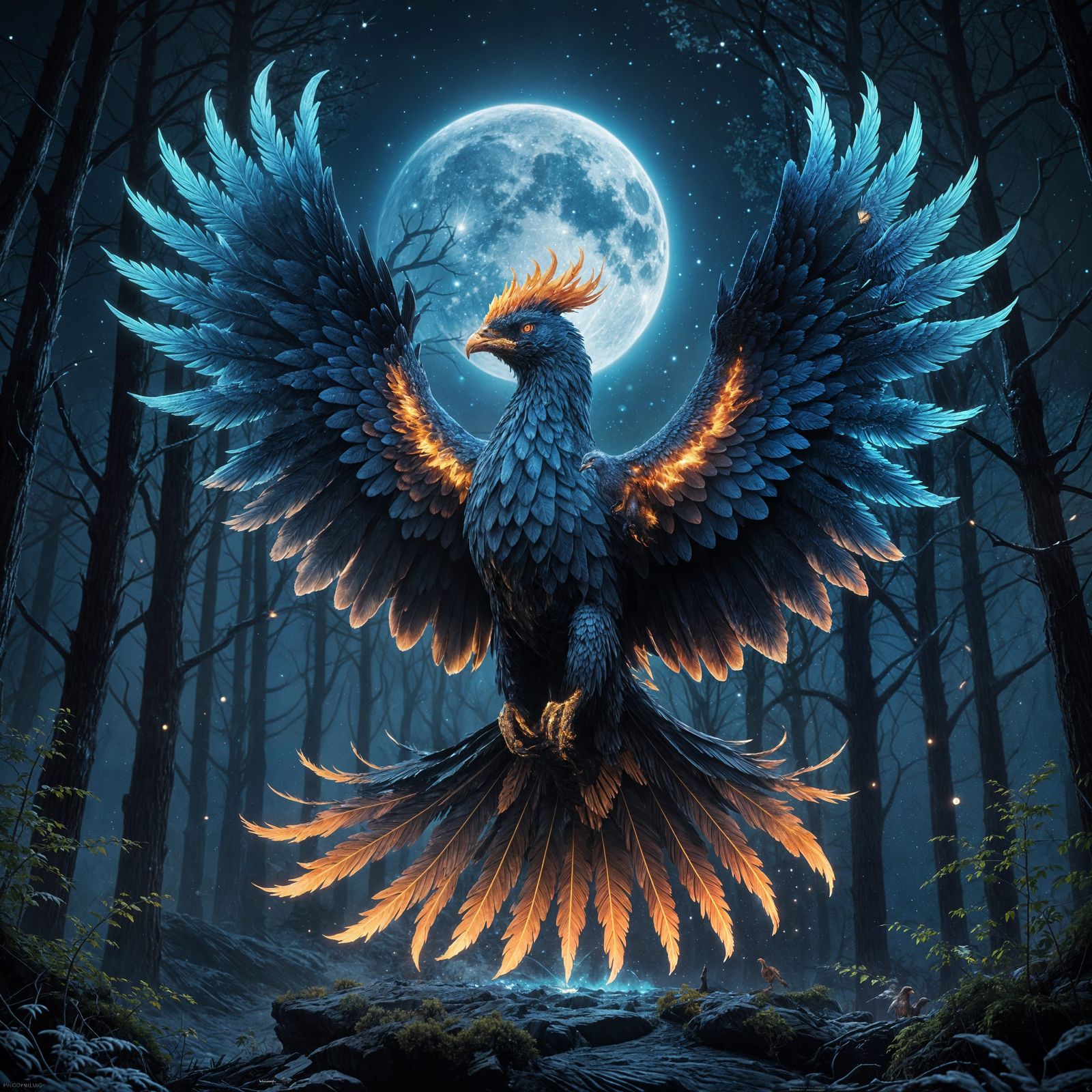 Blue Flame Phoenix Flying Over Dark Forest