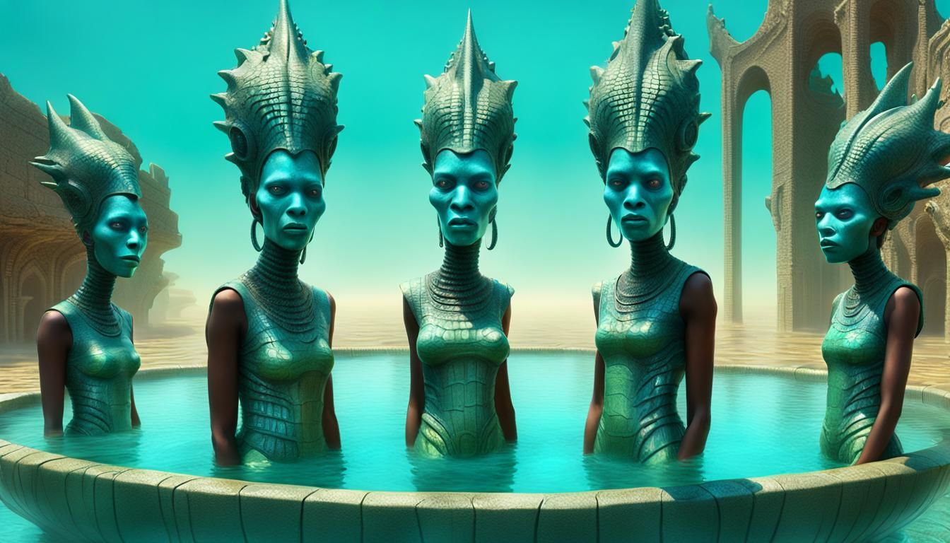 Surreal Mandelbulb Crocodile Masks in Golden Light