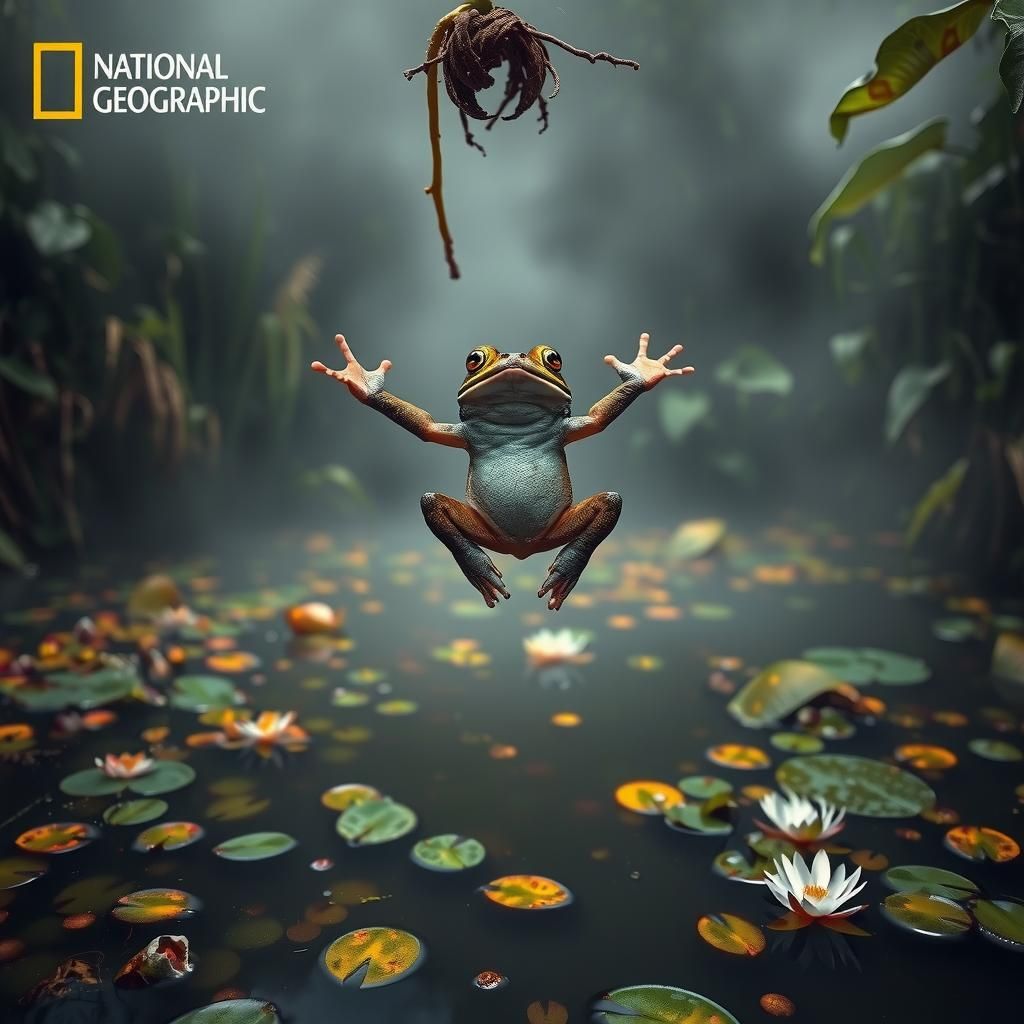 Detailed Frog Suspended Above Misty Swamp Pond