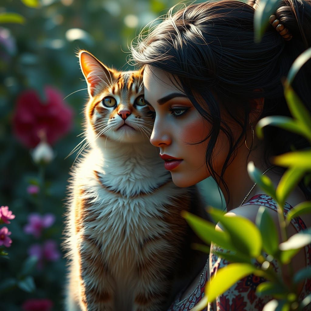 Elegant Cat Woman Surrounded by Whimsical Feline Companions....