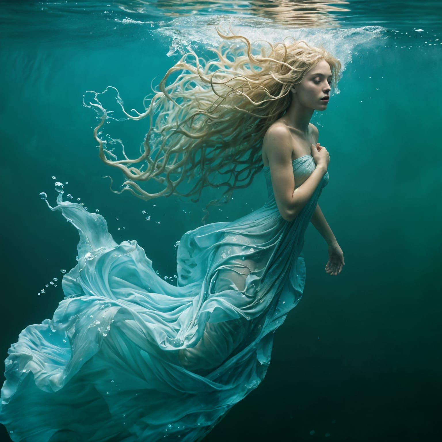 Water Nymph in Turquoise Depths: Art Nouveau Style