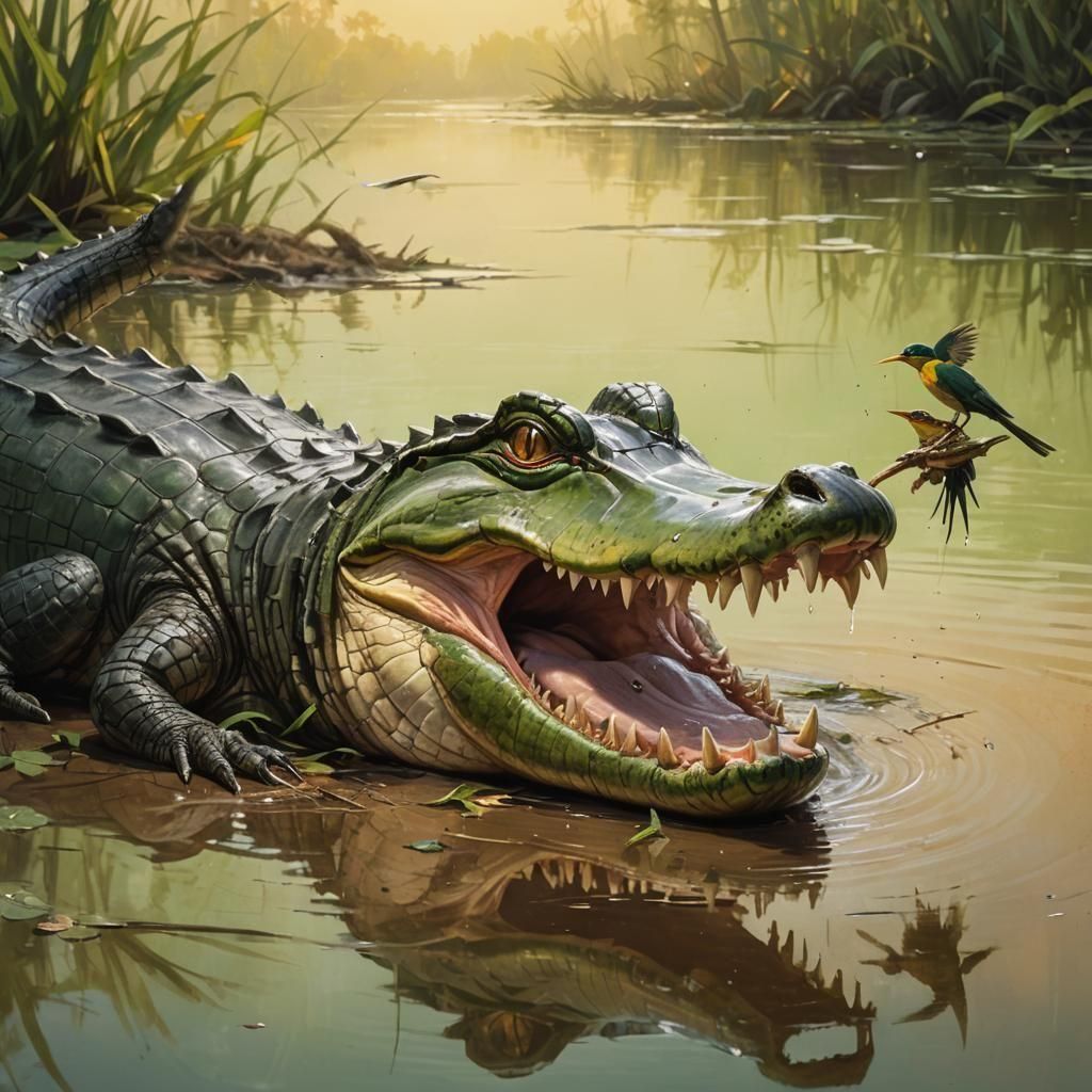 Alligator with Open Mouth and Bird Cleaning Teeth