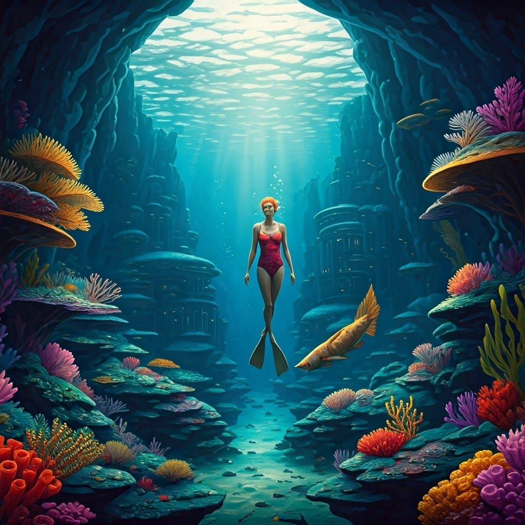 Underwater City of Gill-Humans in Watercolor Style