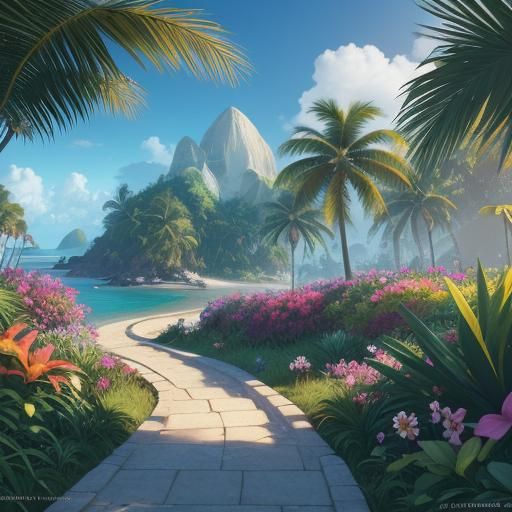 Hyperrealistic Sunny Beach Road with Tropical Flowers