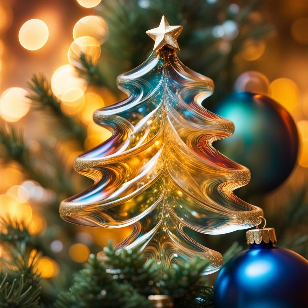 Glass Christmas Tree with Bokeh and Golden Hour Lighting